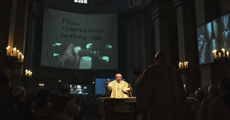 Scena nocna w Bazylice św. Piotra podczas pseudo-liturgii Leona XIV.