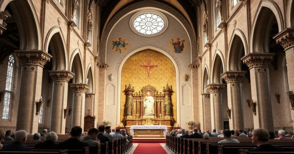 Obraz przedstawiający sfingowaną liturgię w bazylice katedralnej Sandomierz z udziałem pseudo-biskupa Nitkiewicza i świeckich władz