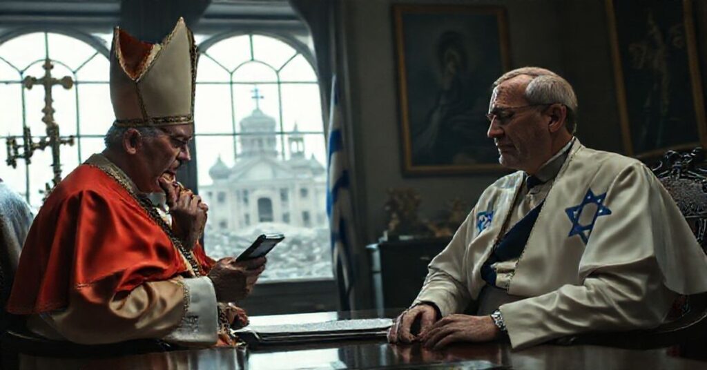 Obraz przedstawiający rozmowę telefoniczną między pseudo-papieżem Leona XIV a prezyдентem Izraela Izaakiem Herzogiem w atmosferze tradycyjnego katolicyzmu.