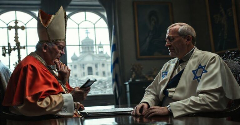 Obraz przedstawiający rozmowę telefoniczną między pseudo-papieżem Leona XIV a prezyдентem Izraela Izaakiem Herzogiem w atmosferze tradycyjnego katolicyzmu.