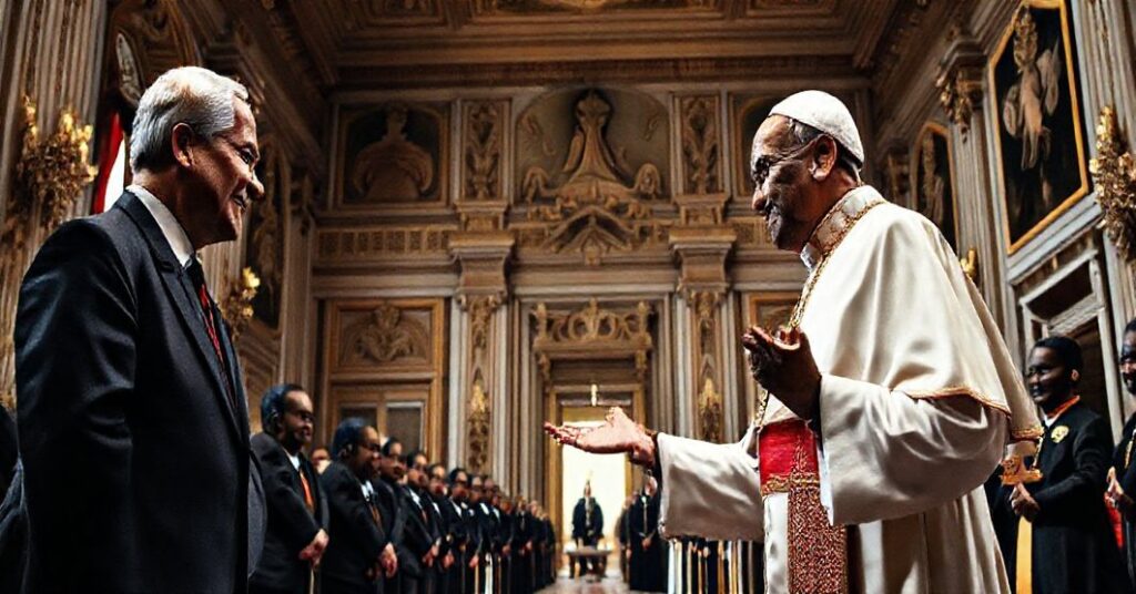 Pseudopapież w Watykanie spotykając się z prezydentem Gabonu, symbolizując modernistyczny spektakl i zerwanie z misją Kościoła.