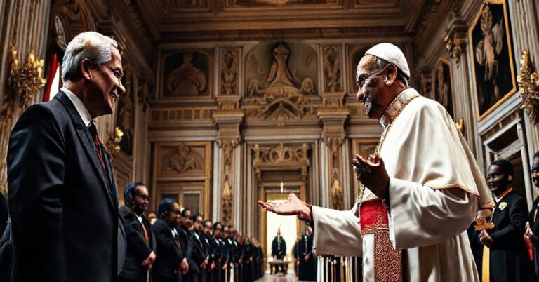 Pseudopapież w Watykanie spotykając się z prezydentem Gabonu, symbolizując modernistyczny spektakl i zerwanie z misją Kościoła.