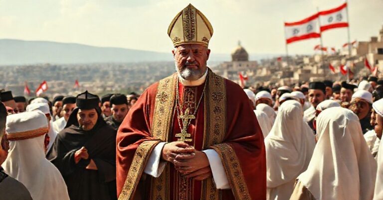 Scena przedstawiająca fałszywą pielgrzymkę "Papieża Leona XIV" w Libanie, ukazująca duchową apostazję i ekumeniczną zdradę katolickiej wiary.