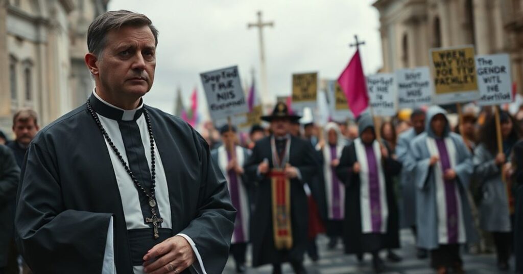 Tradycyjny ksiądz modli się samotnie na profanowanym miejscu pielgrzymkowym podczas pseudo-pielgrzymki z udziałem modernistów i aktywistów genderowych.