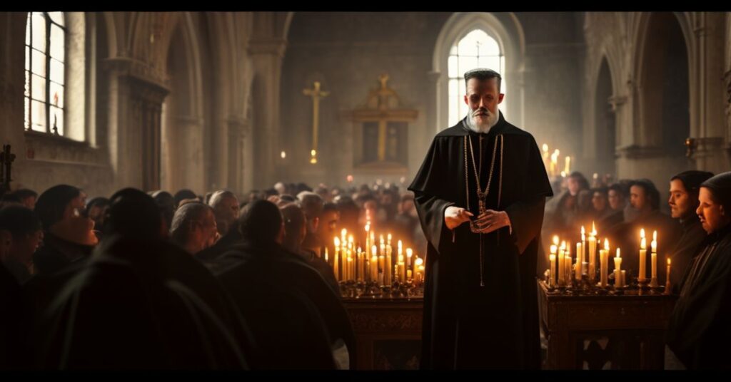 Stara kościelna w Litoměřicach z kapłanem w tradycyjnych szatach liturgicznych i grupą wiernych podczas pseudopojednania.