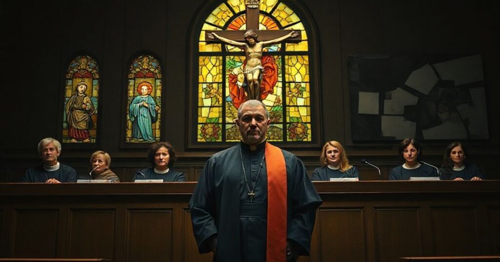 Sala sądowa z mężczyzną w stroju duchownego przed grupą sędziów, w tym kobietami. Scena przekazuje dramat i rozterkę w sprawie moralnej.