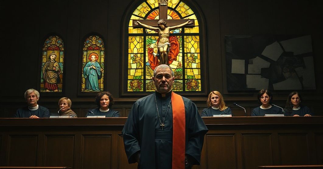 Sala sądowa z mężczyzną w stroju duchownego przed grupą sędziów, w tym kobietami. Scena przekazuje dramat i rozterkę w sprawie moralnej.