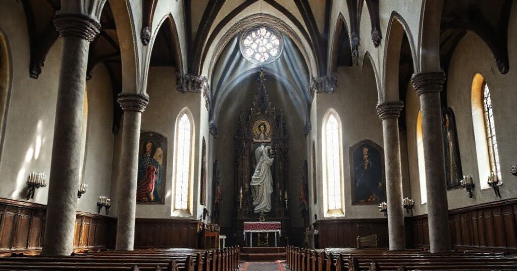 Wnętrze neogotyckiego kościoła w Charłupi Małej, ujawniające modernistyczną herezję w tradycyjnej architekturze