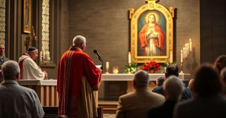 Scena w pseudosanktuarium w Doylestown z kardynałem Dziwiszem podczas homilii o Karolu Wojtyle, ukazująca modernistyczne zniekształcenia katolickiej nauki.