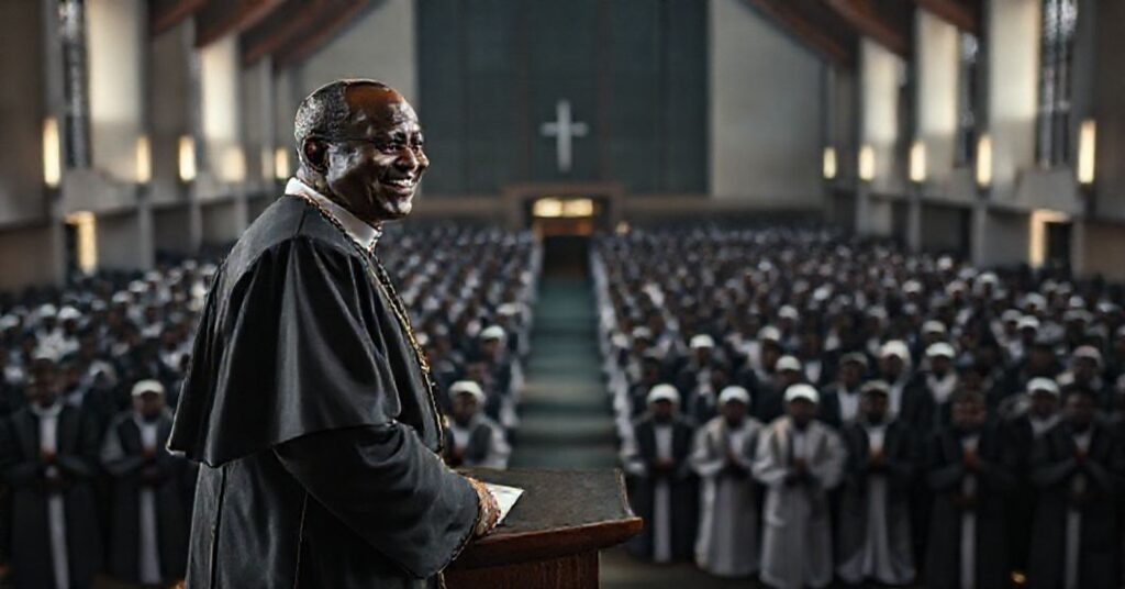 Obraz przedstawiający rzekome seminarium w Nigerii wypełnione kandydatami w nowoczesnych habitach kleryckich przed nowoczesną kaplicą bez tradycyjnych elementów katolickich.