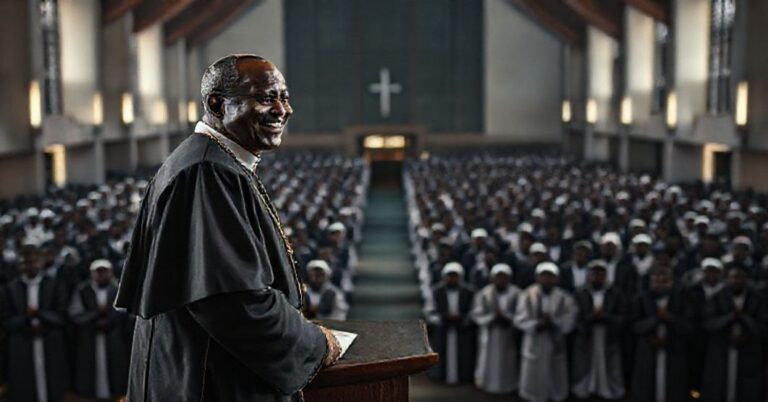 Obraz przedstawiający rzekome seminarium w Nigerii wypełnione kandydatami w nowoczesnych habitach kleryckich przed nowoczesną kaplicą bez tradycyjnych elementów katolickich.