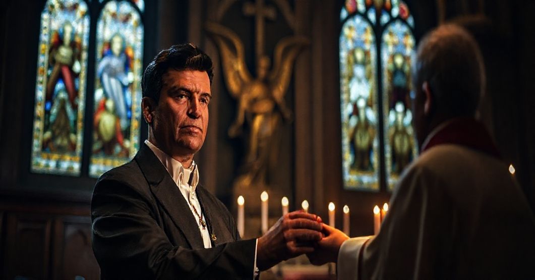 Wnętrze kościoła z posągiem św. Michała Archanioła na tle. Człowiek w nowoczesnym ubraniu otrzymuje medal od osoby w szatach kościelnych. Scena jest oświetlona przez witraże z tradycyjnymi motywami katolickimi.