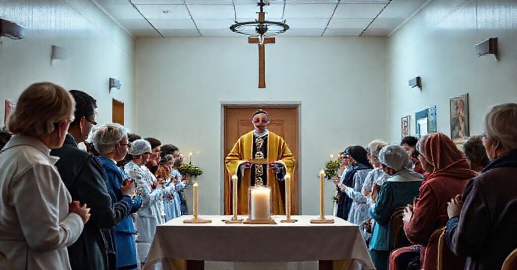 Obraz przedstawiający pseudo-relikwie Ewy Noiszewskiej i Marty Wieckiej w kaplicy szpitalnej we Wrocławiu podczas ekumenicznej ceremonii z udziałem ks. Marcina Kołodzieja.