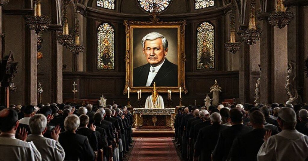 Tradycyjna katolicka msza z wiernymi modlącymi się przed portretem Enrique Shawa