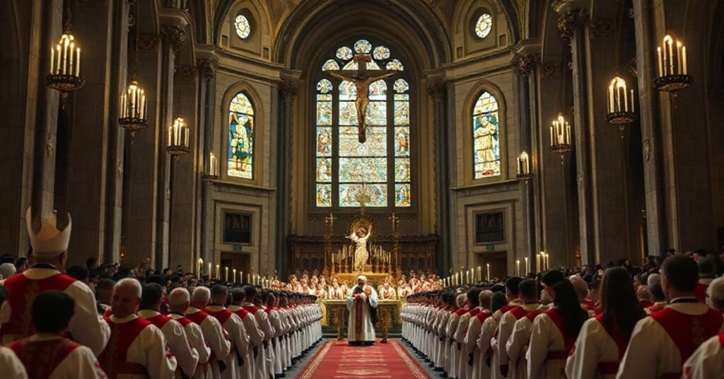 Wysoka jakość zdjęcia przedstawiającego rzekomą beatyfikację przez Marcello Semeraro i Sebastiána Chico Martíneza w katedrze, z grupą 124 osób w tradycyjnych katolickich szatach.