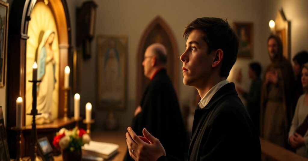 Zdjęcie przedstawiające proces beatyfikacyjny Joe Wilsona w pseudosanktuarium w Carfin, ukazujące pustkę duchową nowoczesnej duchowości.