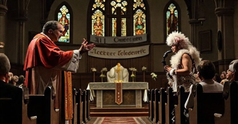 Scena w kościele tradycyjnego rytu podczas tzw. "mszy" z udziałem biskupa Ramóna Bejarano i drag queen