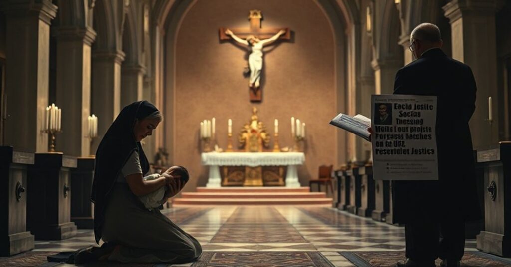 Wnętrze tradycyjnego kościoła katolickiego z pustym ołtarzem i dużym krzyżem. Kobieta w modlitwie trzyma dziecko, podczas gdy José Ornelas trzyma ulotkę z hasłami socjalnymi. Kontrast pomiędzy łaską boską a sekularyzmem.