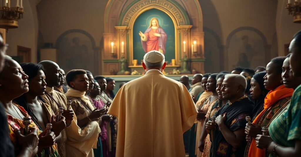 Pseudobiskup Leon XIV prowadzi modlitwę różańcową w sanktuarium Mamã Muxima w Angoli, promując błędną ideę pokoju bez nawrócenia.