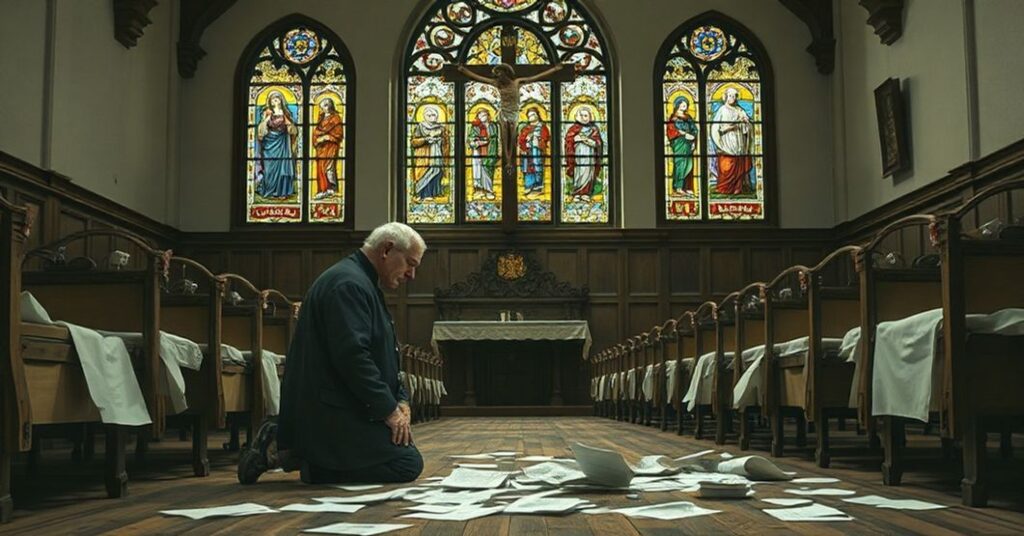 Pseudobiskup Edward Scharfenberger modli się w opuszczonym kościele przed krzyżem z dokumentami bankructwa u stóp.