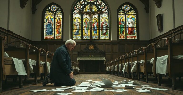 Pseudobiskup Edward Scharfenberger modli się w opuszczonym kościele przed krzyżem z dokumentami bankructwa u stóp.