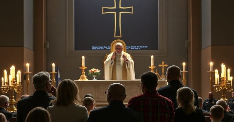 Wizerunek przedstawiający nowomodne "Mszę" w kompromitowanym sanktuarium z pseudokardynałem Gerhardem Müllerem i "biskupem" Josephem Coffeyem przewodniczącymi. Na pierwszej planie stoi zatroskana rodzina Marka Houcka, z dramatycznym oświetleniem podkreślającym ich cierpienie.