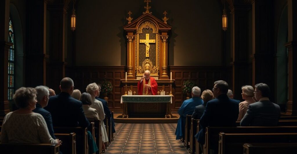 Wnętrze kościoła z rodzinami na sesji pseudoduszpasterskiej, gdzie terapeuci świeccy zastępują prawdziwe nauczanie katolickie o małżeństwie