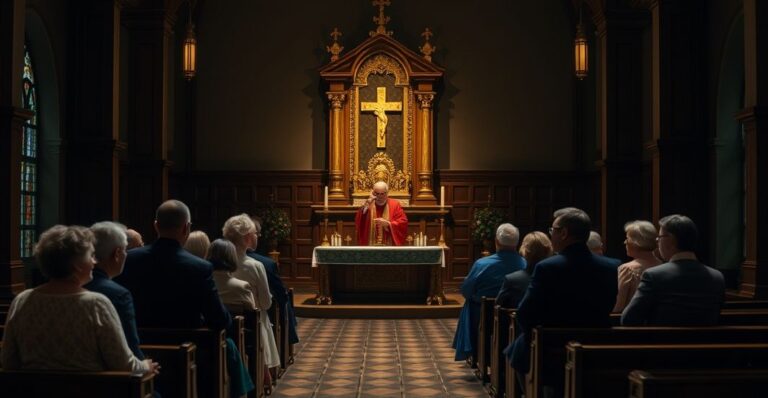 Wnętrze kościoła z rodzinami na sesji pseudoduszpasterskiej, gdzie terapeuci świeccy zastępują prawdziwe nauczanie katolickie o małżeństwie