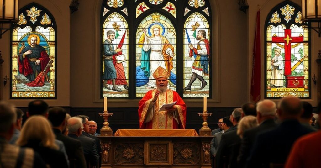 Pseudohierarcha Józef Kupny podczas mszy w rocznicę stanu wojennego, gloryfikujący bunt przeciwko władzy zamiast Królestwa Chrystusowego.