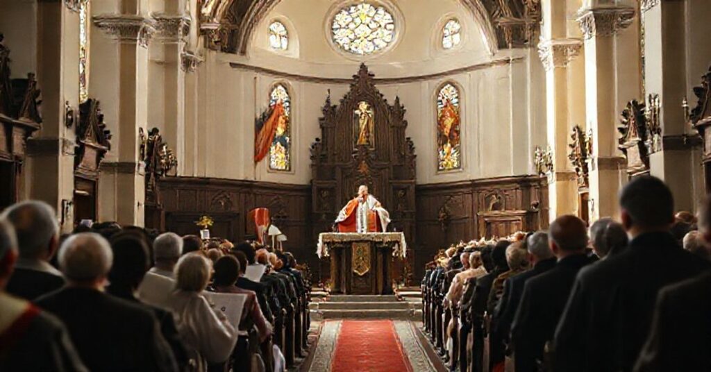 Wnętrze tradycyjnego kościoła katolickiego podczas przemówienia pseudokardynała Grzegorza Rysa na temat fałszywej nauki o prymacie Piotra