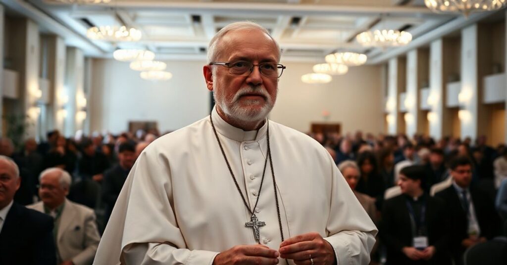 Obraz przedstawiający pseudokardynała Timothy'ego Radcliffe'a w białym habit dominikańskim podczas konferencji w Salzburgu.