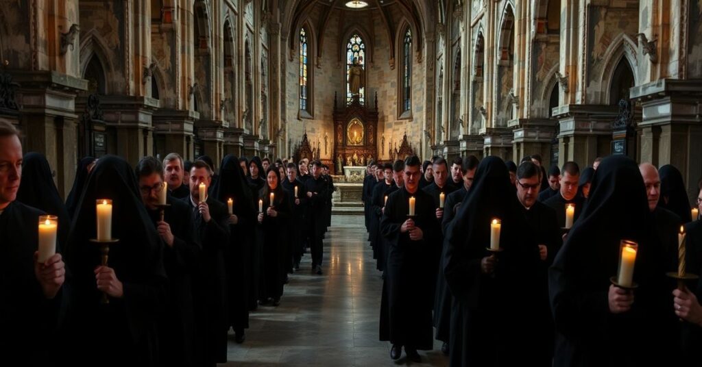 Pozorny rytual w gorzowskiej pseudokatedrze z procesją do grobów fałszywych biskupów i duchownych, wyobrażających herezję i apostazję po Soborze Watykańskim II.