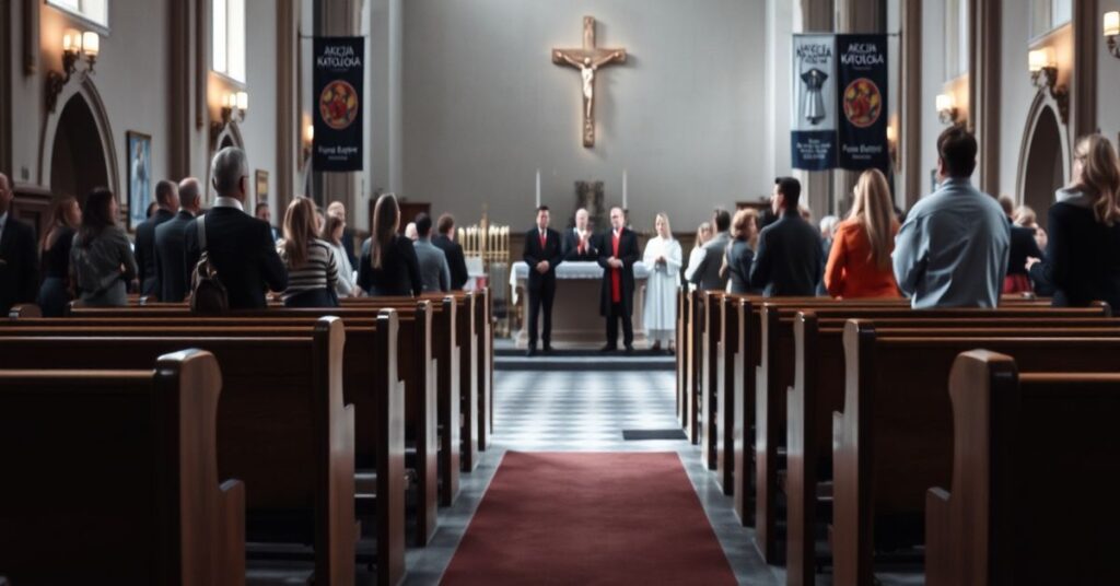Wnętrze kościoła pozbawione sakramentów z organizowaną akcją charytatywną bez wymiaru duchowego.