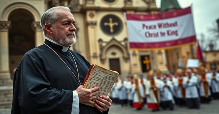 Ksiądz tradycjonaliści stoi w smutku przed katedrą w Przemyślu, trzymając encyklikę Piusa XI "Quas Primas" podczas "liturgii" ekumenicznej pozbawionej Chrystusa Króla