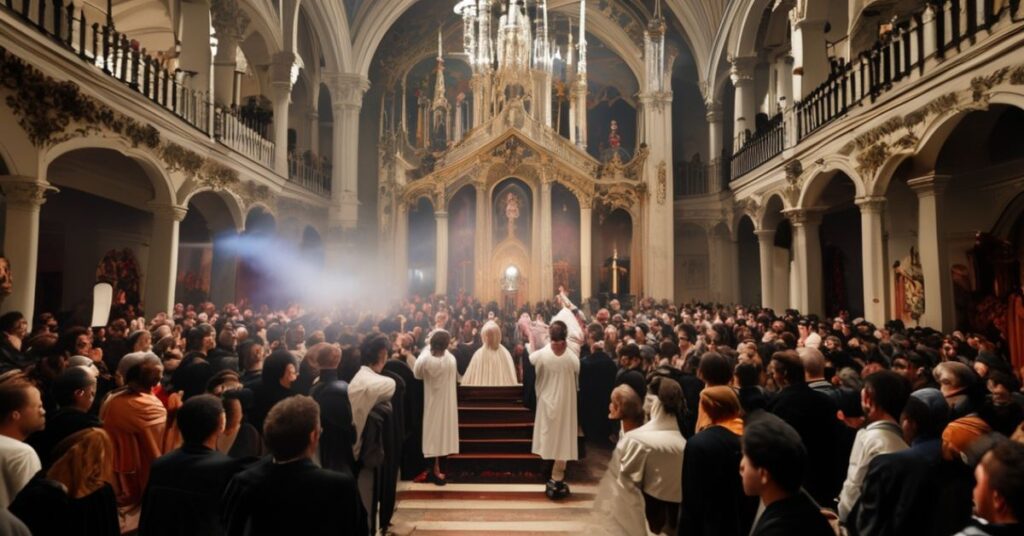 Wnętrze bazyliki w Bydgoszczy podczas pseudoliturgicznego wydarzenia z udziałem Krystofa Włodarczyka i Michała 'Paxa' Bukowskiego