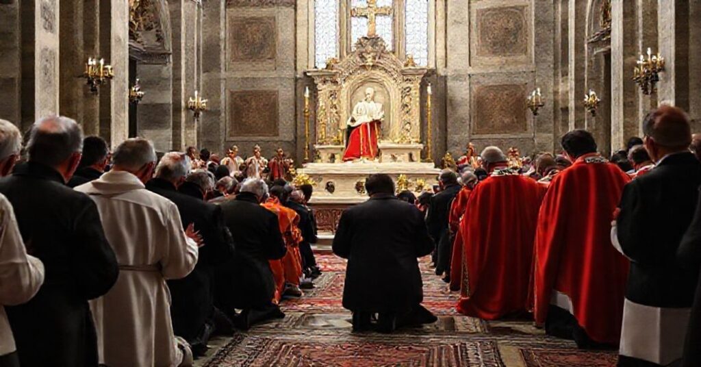 Pielgrzymka katolicka przy grobie niekanonizowanego "świętego" w bazylice watykańskiej z udziałem tzw. "kardynała" i "księdza" przedstawiających posoborowy synkretyzm i zaprzeczenie nauki o społecznej władzy Chrystusa Króla.