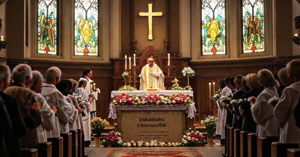 Tradycyjna katolicka liturgia w kościele z 'biskupem' Damianem Brylem i kaznodzieją 'o. Jerzym Kacprzykiem; wierni składają kwiaty przed tablicą Solidarności