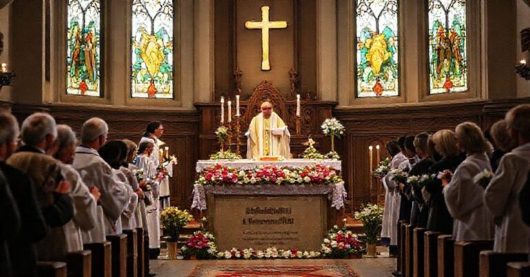 Tradycyjna katolicka liturgia w kościele z 'biskupem' Damianem Brylem i kaznodzieją 'o. Jerzym Kacprzykiem; wierni składają kwiaty przed tablicą Solidarności