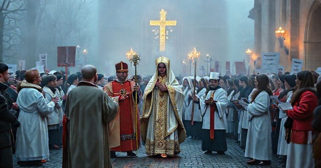 Obraz przedstawiający pseudoliturgię "mszą barbórkową" w Zielonej Górze pod przewodnictwem "biskupa" Tadeusza Lityńskiego