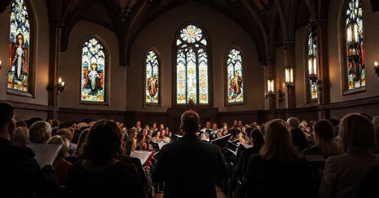 Wnętrze kościoła z zespołem chóralnym podczas pseudoliturgicznego występu w Rawiczu