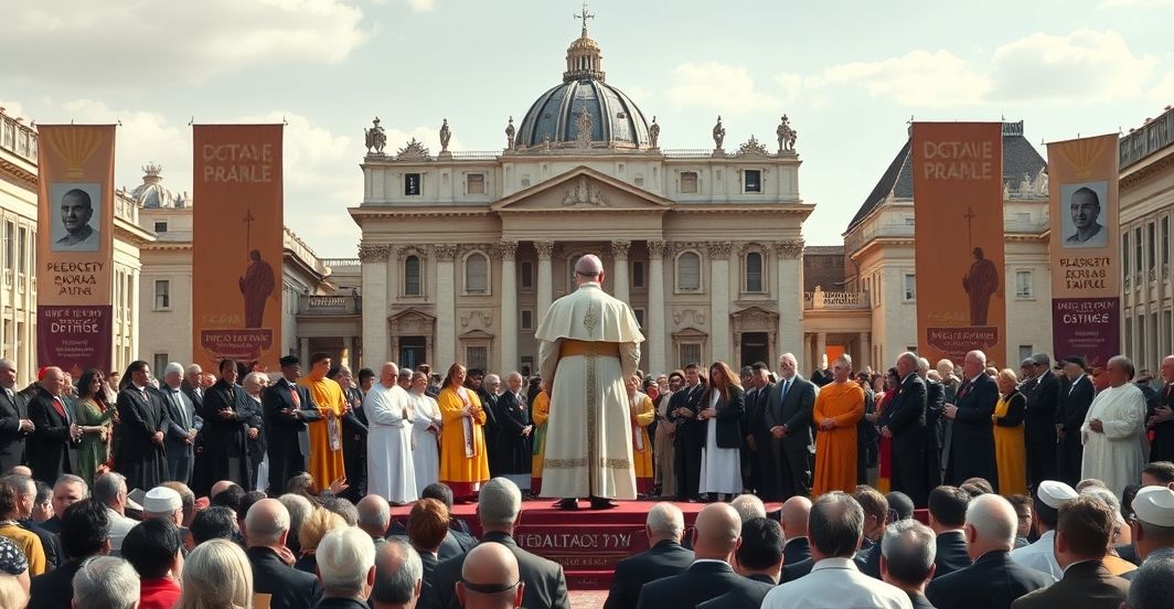 Scena w Placu św. Piotra podczas pseudookumenicznego wydarzenia, na której widzimy "papieża" Leona XIV otoczonego przedstawicielami różnych religii, w tym żydowskich, muzułmańskich, buddyjskich, hinduskich, sikhijskich, zaratusztriańskich i taoistycznych. Wszyscy uczestniczą w rytuałach ekumenicznych, co symbolizuje synkretyzm i zdradę katolicznego nauczania.