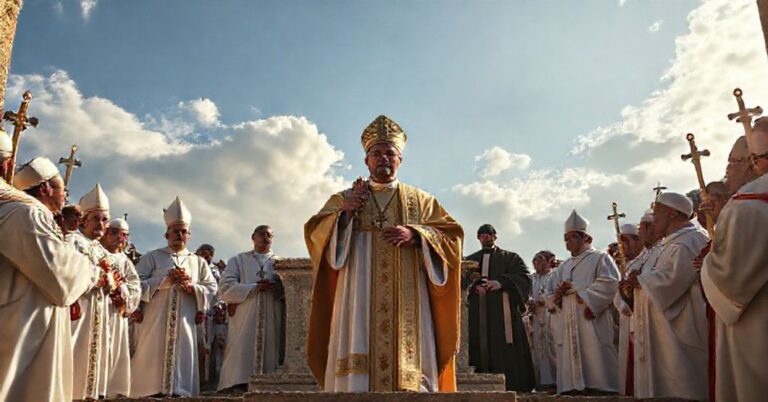 Pseudopapież 'Leon XIV' przed grobem św. Franciszka z Asyżu w otoczeniu fałszywych biskupów i modernistycznych franciszkanów, ignorując prawdziwą wiarę katolicką