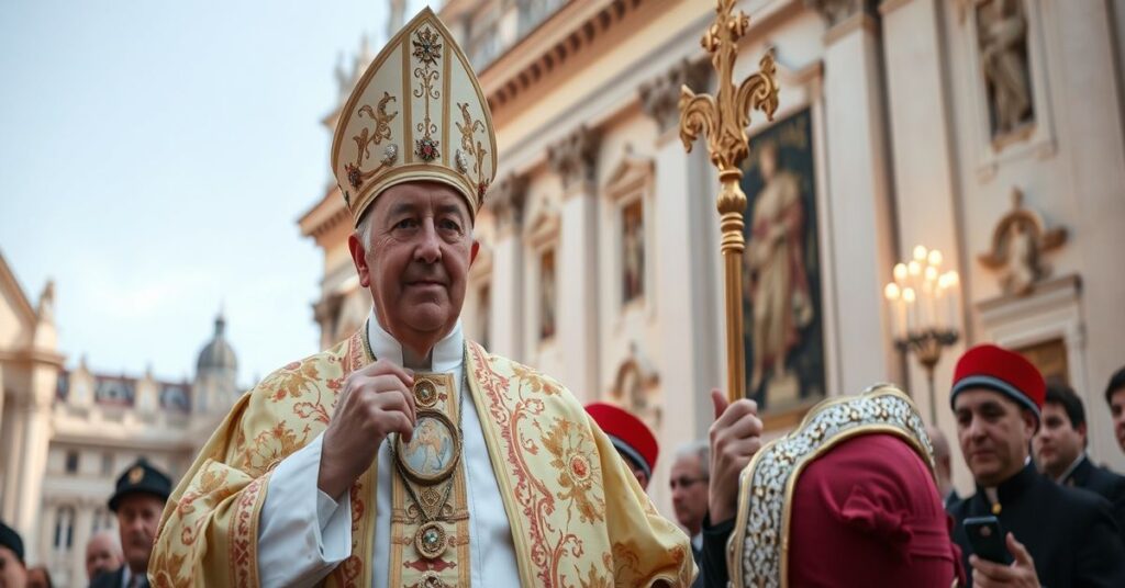 Zdjęcie przedstawiające pseudopapieża Leona XIV podczas ceremonii w Monako obok księcia Alberta II i księżnej Charlène.