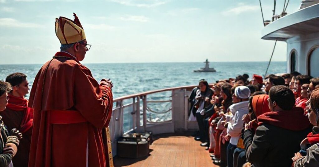 Pseudopapież w sekularnym ubraniu na pokładzie statku handlowego przemawiający do młodzieży podczas rejsu pokoju.