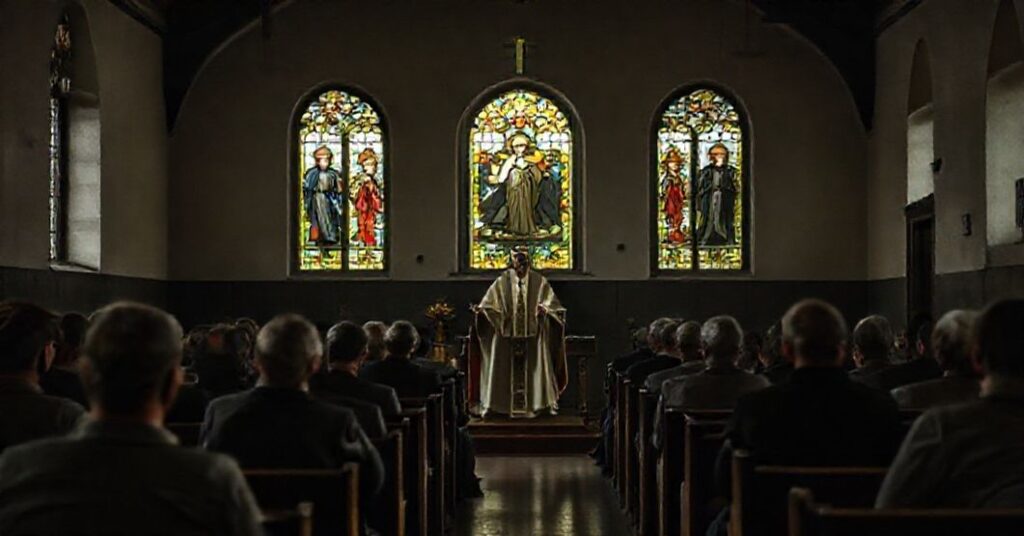 Solemne wnętrze więziennej kaplicy w Jeleniej Górze podczas fałszywej mszy prowadzonej przez "bp" Andrzeja Siemieniewskiego