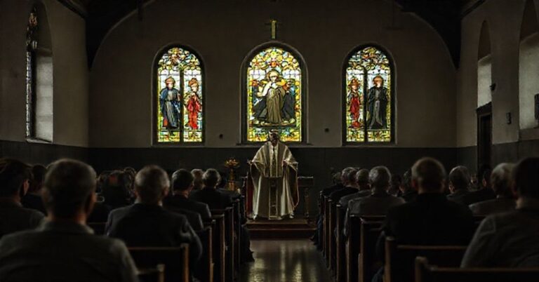 Solemne wnętrze więziennej kaplicy w Jeleniej Górze podczas fałszywej mszy prowadzonej przez "bp" Andrzeja Siemieniewskiego