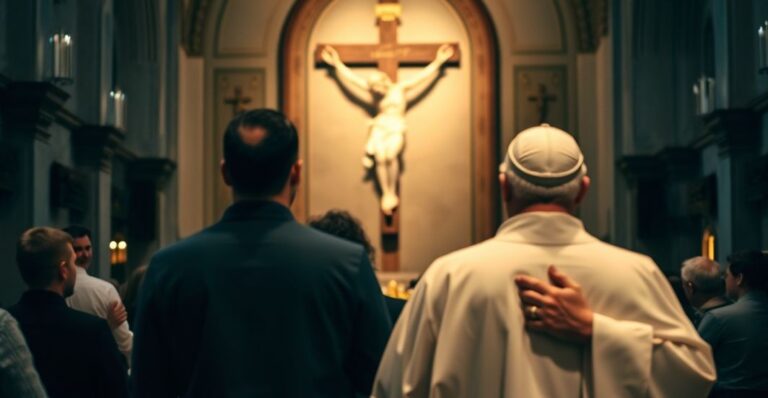 Wnętrze kościoła katolickiego z widocznym krzyżem, podczas gdy na tle widziana jest postawa kultu współczesnego papieża, co kontrastuje z tradycyjną czcią dla Chrystusa. Scena jest poważna, podkreślając zniekształcenie prawdziwego kultu katolickiego.