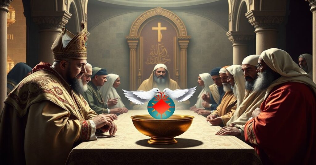 Obraz przedstawiający rzekomą pielgrzymkę Leona XIV do Algierii w 2026 roku, pokazujący synkretyzm religijny między fałszywym papieżem a przywódcami muzułmańskimi.