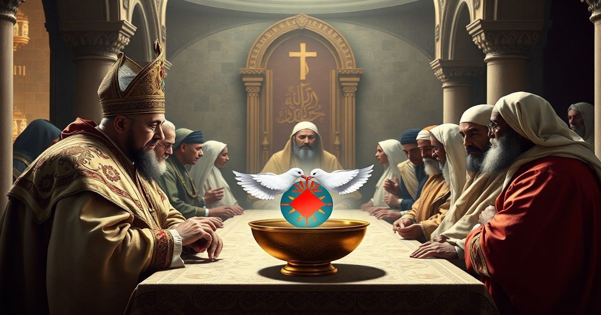 Obraz przedstawiający rzekomą pielgrzymkę Leona XIV do Algierii w 2026 roku, pokazujący synkretyzm religijny między fałszywym papieżem a przywódcami muzułmańskimi.