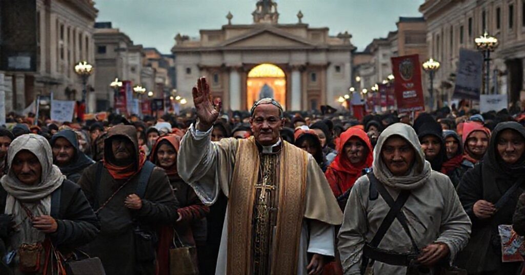 Grupa ubogich pielgrzymów pod przewodnictwem nowoczesnych kościelnych działaczy idzie ku Bazylice św. Piotra w Rzymie w 2025 roku. Scena jest smutna i sztuczna, bez widocznych znaków prawdziwej pokuty lub nadprzyrodzonego celu. Biskup w nowoczesnych szatach kościelnych stoi na czele, błogosławiąc tłum w wątpliwy sposób.